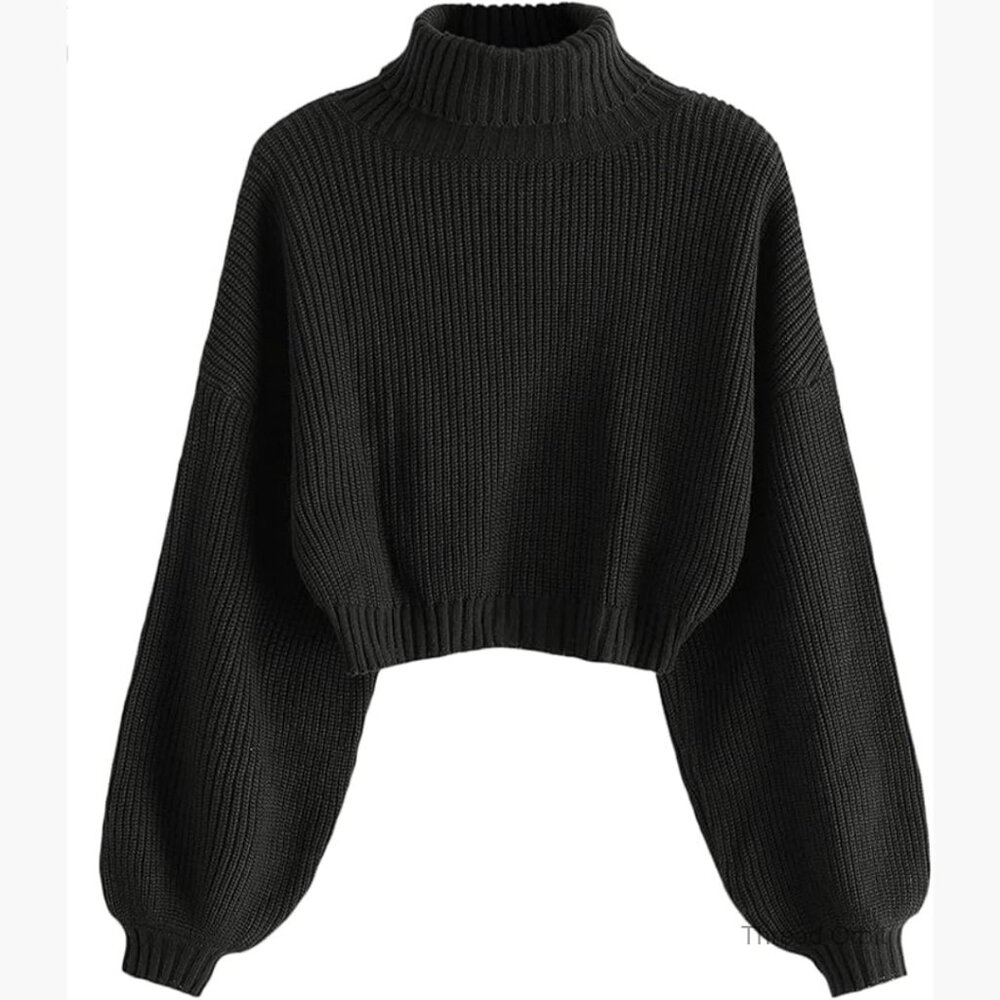 Cropped Ribbed Pullover Sweater with Lantern Slee… - image 1